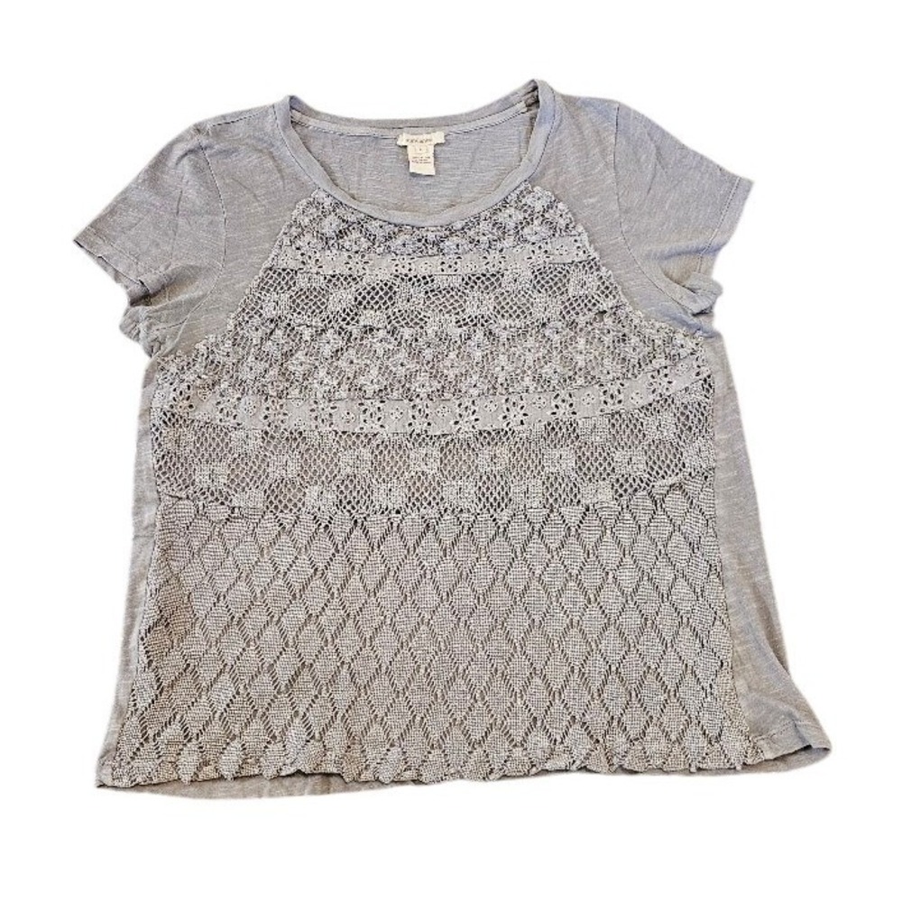 Sundance Gray Cotton Crochet Lace Front Short Sleeve Top Large Boho Slub Knit